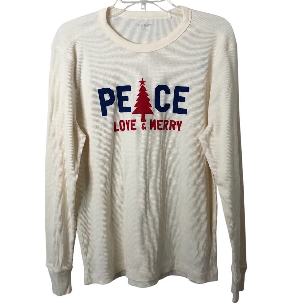 Old Navy NWT Men's Cream Peace Love & Merry Long Sleeve Thermal Shirt Medium